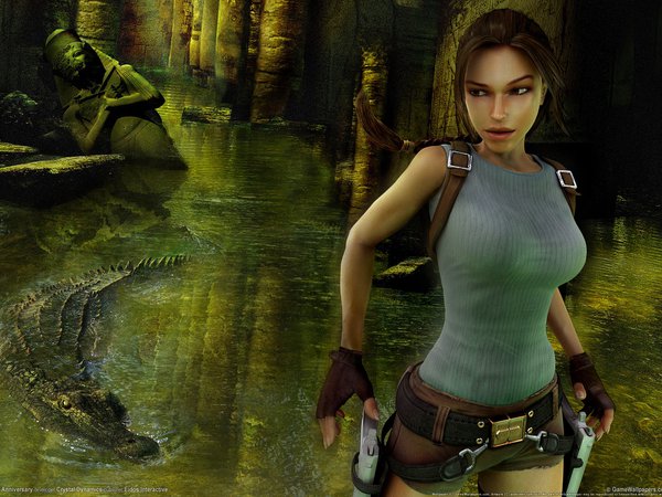 crocodile, fire, game wallpapers, girl, guns, Lara Croft Tomb Raider: Anniversary, ruins, девушка, крокодил, лара крофт, оружие, Расхитительница гробниц, руины, статуи