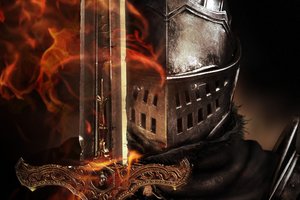 Обои на рабочий стол: Dark Souls, броня, меч, пламя, рыцарь, шлем