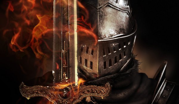 Обои на рабочий стол: Dark Souls, броня, меч, пламя, рыцарь, шлем
