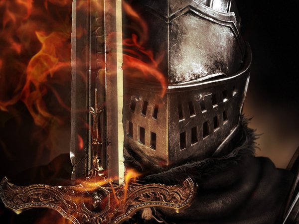 Dark Souls, броня, меч, пламя, рыцарь, шлем