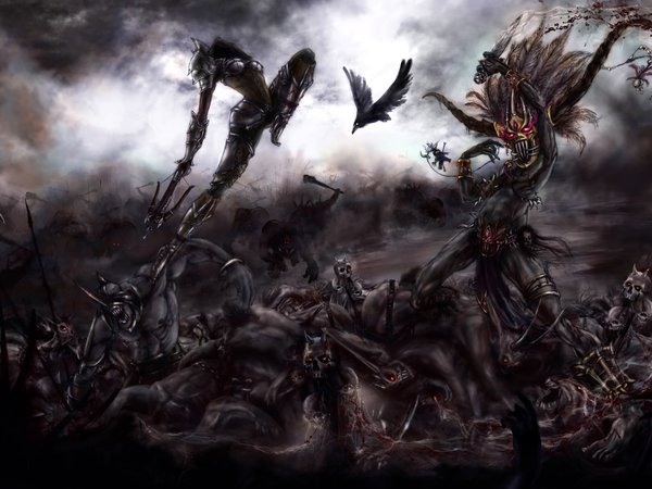 Diablo 3, арт, битва, вороны, демоны, колдун, на демонов, охотник