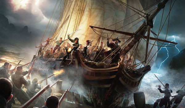 Обои на рабочий стол: Risen 2, гроза, корабль, молнии, оружие, парусник, пираты, пирс, шторм