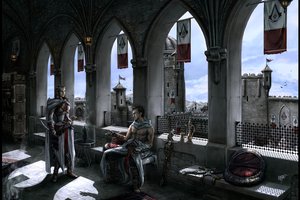Обои на рабочий стол: Assassins Creed - Altair and Adha, альтаир, ассасин, девушка, масиаф, мужик