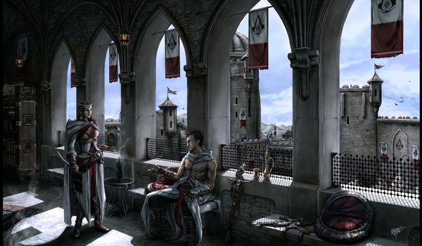 Обои на рабочий стол: Assassins Creed - Altair and Adha, альтаир, ассасин, девушка, масиаф, мужик