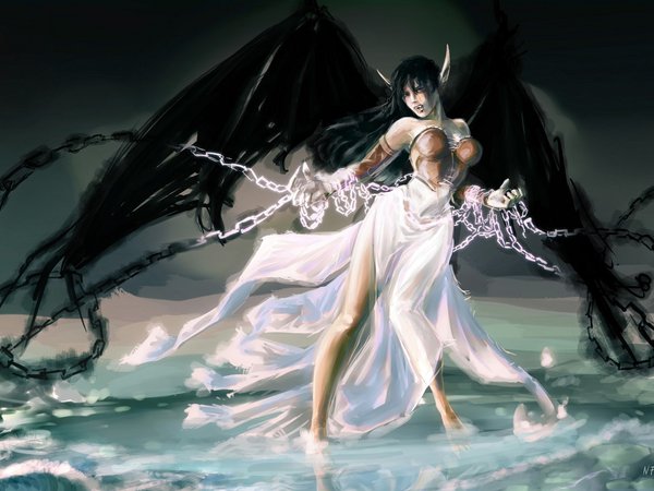 league of legends, Morgana, nfouque, арт, вода, девушка, крылья, цепи