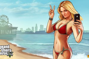 Обои на рабочий стол: Grand Theft Auto V, gta5, девушка, Лос анджелес, море, пляж, санта мария