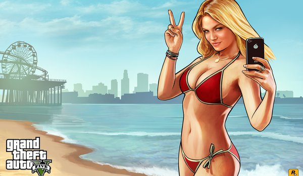 Обои на рабочий стол: Grand Theft Auto V, gta5, девушка, Лос анджелес, море, пляж, санта мария
