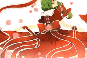 Обои на рабочий стол: by Komine, Kagiyama Hina, Touhou Project, бант, вполоборота, зелёные волосы, красное платье, проект Восток, розовые розочки, рюшки, со спины, танец