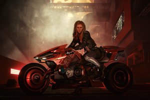 Обои на рабочий стол: art, bike, biker, blonde, Cyberpunk 2077, girl, rider