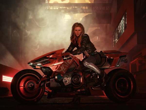art, bike, biker, blonde, Cyberpunk 2077, girl, rider