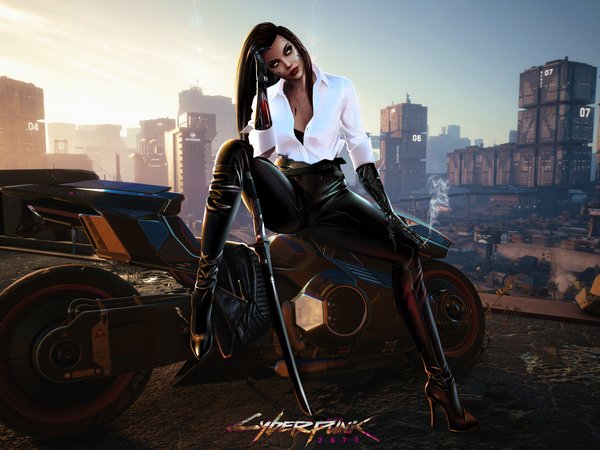 CD Projekt Red, Cyberpunk 2077, katana, взгляд, город, девушка, игра, мотоцикл, персонаж