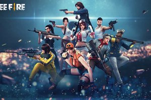 Обои на рабочий стол: battle royale, Characters, game, Garena Free Fire, группа людей, игра, искры, оружие, персонажи, Постер