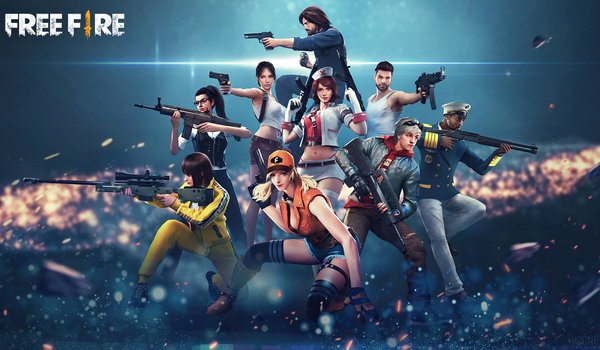 Обои на рабочий стол: battle royale, Characters, game, Garena Free Fire, группа людей, игра, искры, оружие, персонажи, Постер