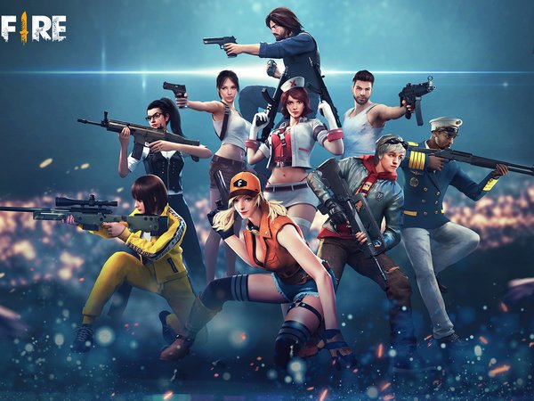 battle royale, Characters, game, Garena Free Fire, группа людей, игра, искры, оружие, персонажи, Постер