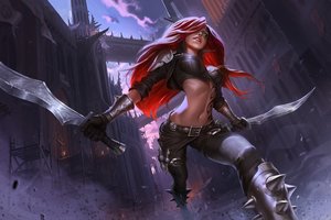 Обои на рабочий стол: katarina, league of legends, броня, ведьма, кинжал, клинки, Лига Легенд, татуировка, черная одежда, шипы, Шрам