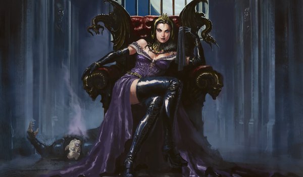 Обои на рабочий стол: Liliana, Magic: The Gathering, девушка, маг, некромант, сидит на троне