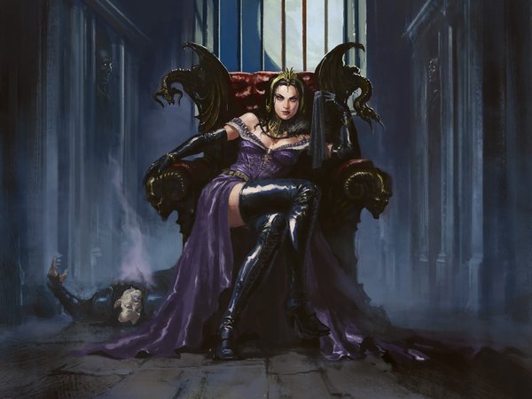 Liliana, Magic: The Gathering, девушка, маг, некромант, сидит на троне