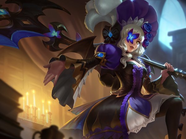 Bang Bang, Mobile Legends, бабочка, блондинка в шляпе, видеоигра, жест, Мобильные Легенды, нарядный костюм, персонаж, посох, Рубин, свечи, Скрытая Орхидея