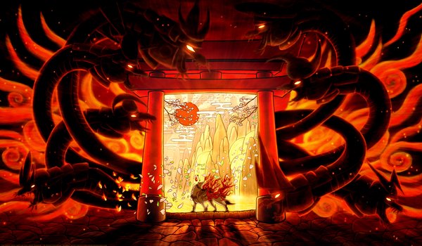 Обои на рабочий стол: Amaterasu, Okami, божество, волк, горы, драконы, пещера, пламя, сакура, солнце