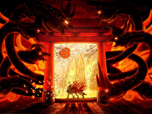 Amaterasu, Okami, божество, волк, горы, драконы, пещера, пламя, сакура, солнце