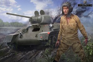 Обои на рабочий стол: game, Lesta Games, Wargaming Chicago-Baltimore, Wargaming.net, World of Tanks, Великая Отечественная война, вов, вторая мировая война, Зона военных действий и конфликта, мир танков, мужчина, ссср, Т-34-76, танк, танкист, шлем