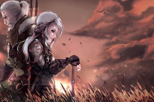 Обои на рабочий стол: Ciri, Geralt, Geralt From Rivia, Geralt Roger Eric du Ho-Bellegarde, The Witcher 3: Wild Hunt, video game, Ведьмак 3: Дикая Охота Game, Геральт, Геральт из Ривии, Геральт Роджер Эрик дю Хо-Беллегард, двое, девушка, мужчина, облака, поле, пшеница, сбоку, Цири, Цирилла Фиона Элен Рианнон