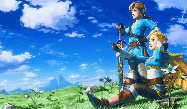 Обои на рабочий стол: Breath of the Wild, hero, link, princess, sword, The Legend of Zelda, The Legend of Zelda: Breath of the Wild, zelda, герой, Зельда, Легенда о Зельде, Линк, меч, небо, облака, принцесса