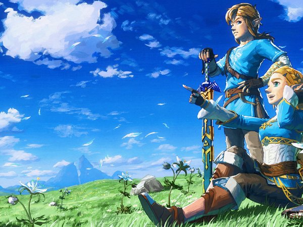 Breath of the Wild, hero, link, princess, sword, The Legend of Zelda, The Legend of Zelda: Breath of the Wild, zelda, герой, Зельда, Легенда о Зельде, Линк, меч, небо, облака, принцесса