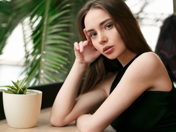 Aleksey Lozgachev, bare shoulders, brown eyes, brown hair, brunette, dress, face, girl, lips, lipstick, long hair, looking at camera, looking at viewer, model, mouth, photo, photographer, plant, portrait, straight hair, touching face, Victoria Charykova