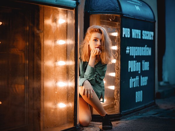 Anastasia Sokol, blonde, blue eyes, Converse, depth of field, face, finger on lips, girl, hair in face, jacket, legs, light bulb, lights, lips, long hair, looking at camera, looking at viewer, model, mouth, photo, portrait, shirt, sneakers, street, urban
