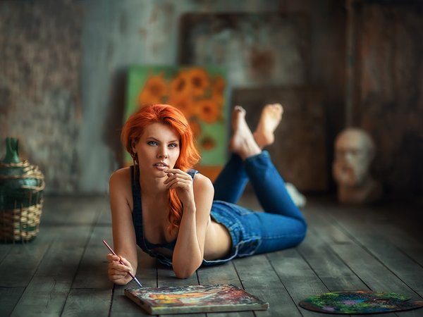 Анастасия Бармина, девушка, картины, комбинезон, настроение, Наташа Коротовских, поза, рыжая, рыжеволосая