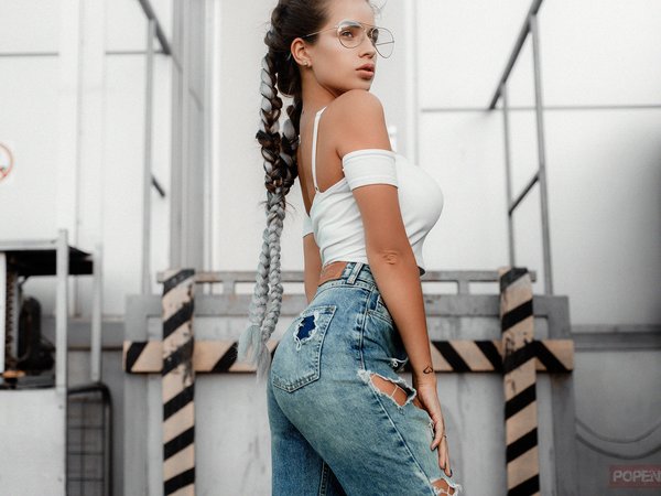 Andrey Popenko, bare shoulders, blue eyes, body, bokeh, braids, breast, brunette, chest, face, girl, glasses, jeans, juicy lips, lips, long hair, model, mouth, pants, photo, photographer, ponytail, portrait, tank top, tattoo, torn jeans, torn pants, white top
