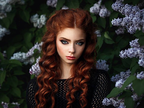 Andrius Stankūnas, весна, взгляд, волосы, девушка, лицо, локоны, макияж, настроение, портрет, рыжая, рыжеволосая, сирень, цветение