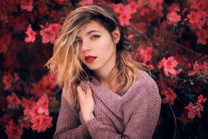 Обои на рабочий стол: Arnaud Cassagnet, blonde, blue eyes, bokeh, depth of field, face, flowers, girl, hair in face, lips, lipstick, looking at camera, looking at viewer, model, mouth, photo, photographer, portrait, red lipstick, sweater