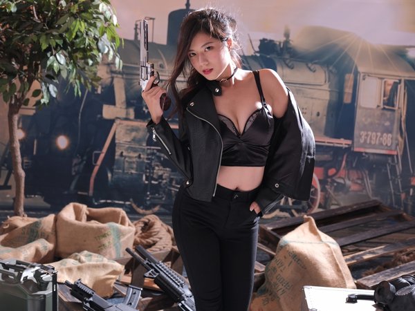 asian, bare midriff, belly, belly button, dark hair, girls with guns, long hair, model, standing, women, women indoors