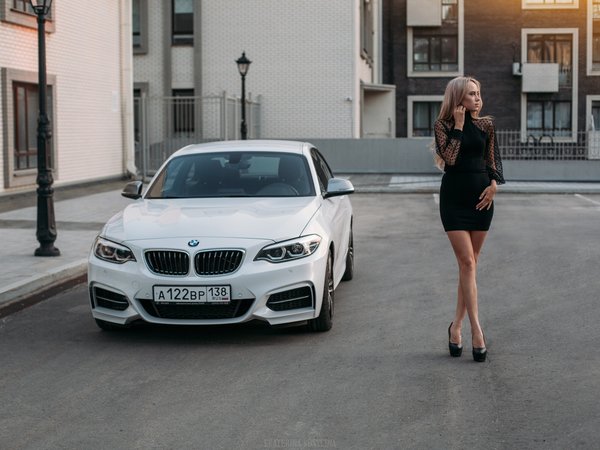 black dress, blonde, BMW, heeled shoes, high heels, model, road, white bmw, women