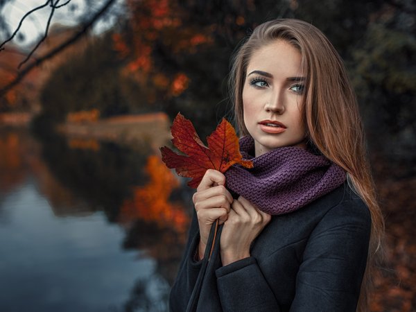боке, девушка, листья, осень