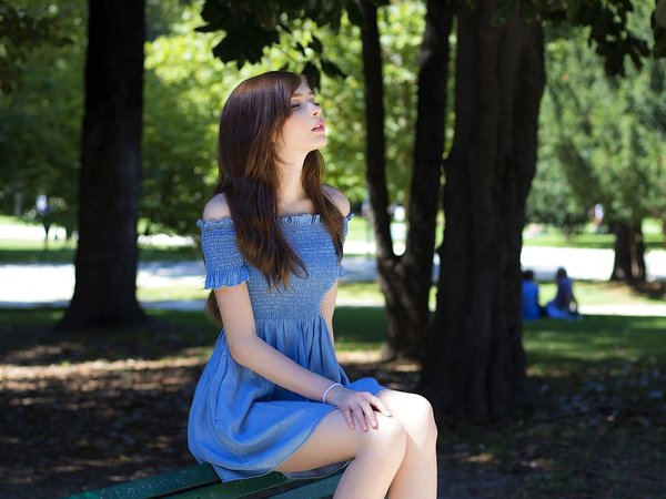 beautiful, bench, blue dress, brunette, closed eyes, dress, model, park, people, public, trees, women, women outdoors