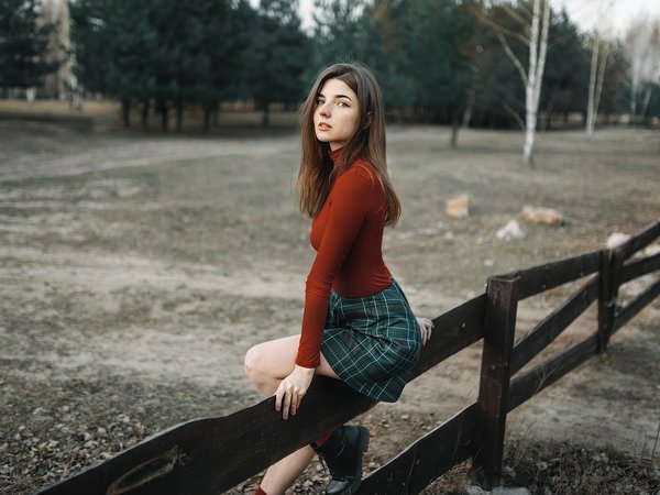 boots, brunette, fence, miniskirt, model, nature, plaid skirt, sitting, trees, women, women outdoors, wood