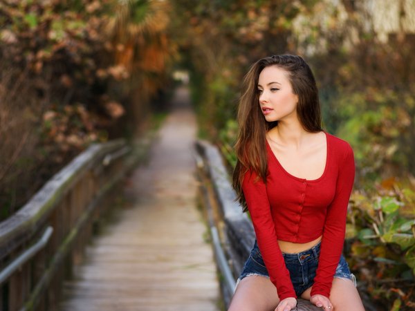 brown hair, Christopher Rankin, crop top, depth of field, face, girl, green eyes, jean shorts, legs, lips, lipstick, long hair, looking away, model, mouth, photo, photographer, pierced nose, piercing, portrait, short shorts, shorts, sitting, straight hair, t-shirt, Theresa Grant