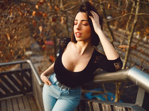 blouse, brunette, closed eyes, David Mas, jeans, model, neckline, open mouth, trees, women, women outdoors