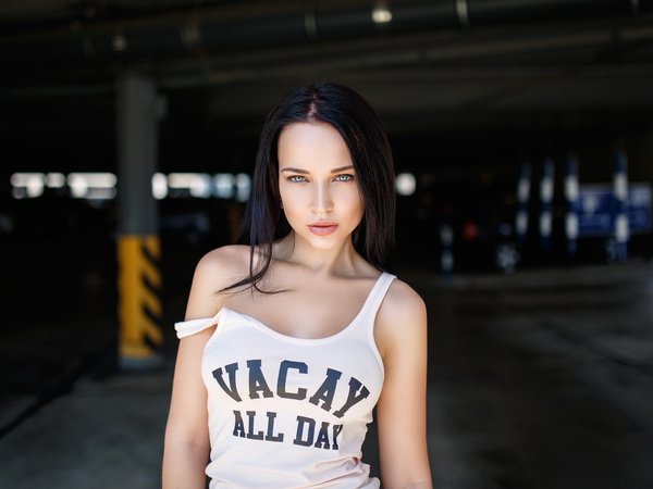 Angelina Petrova, bare shoulders, black hair, blue eyes, bokeh, brunette, Denis Petrov, depth of field, face, girl, juicy lips, lips, lipstick, long hair, looking at camera, looking at viewer, model, mouth, photo, photographer, portrait, straight hair, tank top, white top