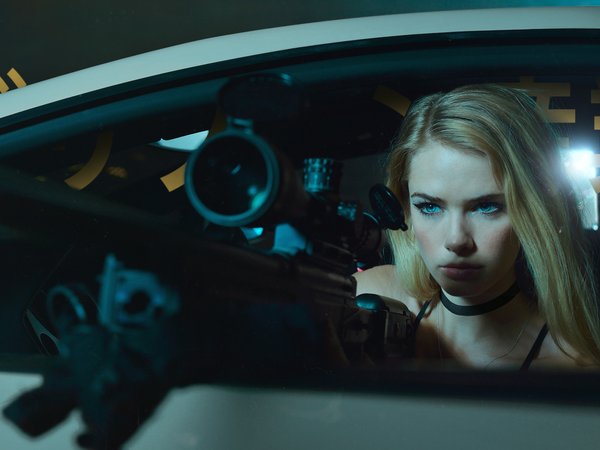 блондинка, взгляд, девушка, машина, прицел, снайперская винтовка