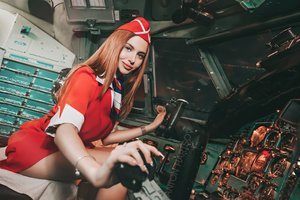 Обои на рабочий стол: Антон Харисов, взгляд, девушка, кабина, Ксения Серкова, самолёт, стюардесса, улыбка, форма