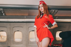 Обои на рабочий стол: Антон Харисов, девушка, Ксения Серкова, самолёт, стюардесса, форма