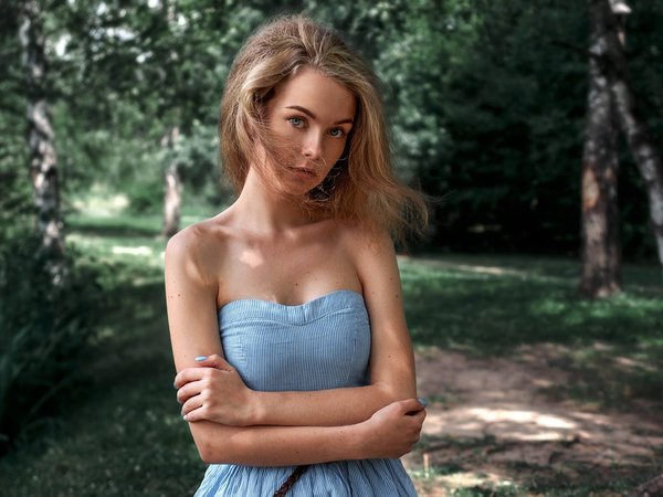 Анастасия Щеглова, взгляд, волосы, девушка, лес, платье