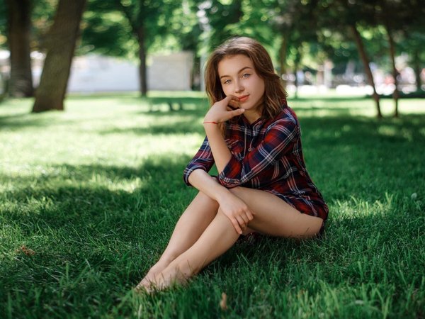 barefoot, brunette, Dmitriy Ponibudlas, glasses, grass, model, plaid shirt, sitting, trees, Valeria, women outdoors