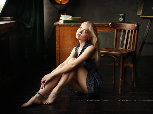 blonde, chair, Dmitry Arhar, dress, model, women, women indoors, wooden floor