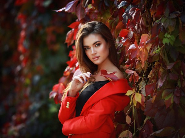 Dmitry Arhar, Ksenia, боке, в красном, взгляд, красивая, листья, макияж, модель, на природе, осень, позирует, портрет, причёска, солнце, шатенка