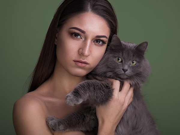 animal, bare shoulders, brown eyes, brunette, cat, Dmitry Shulgin, Dmitry Sn, face, girl, lips, long hair, looking at camera, looking at viewer, model, mouth, photo, photographer, portrait, simple background, straight hair